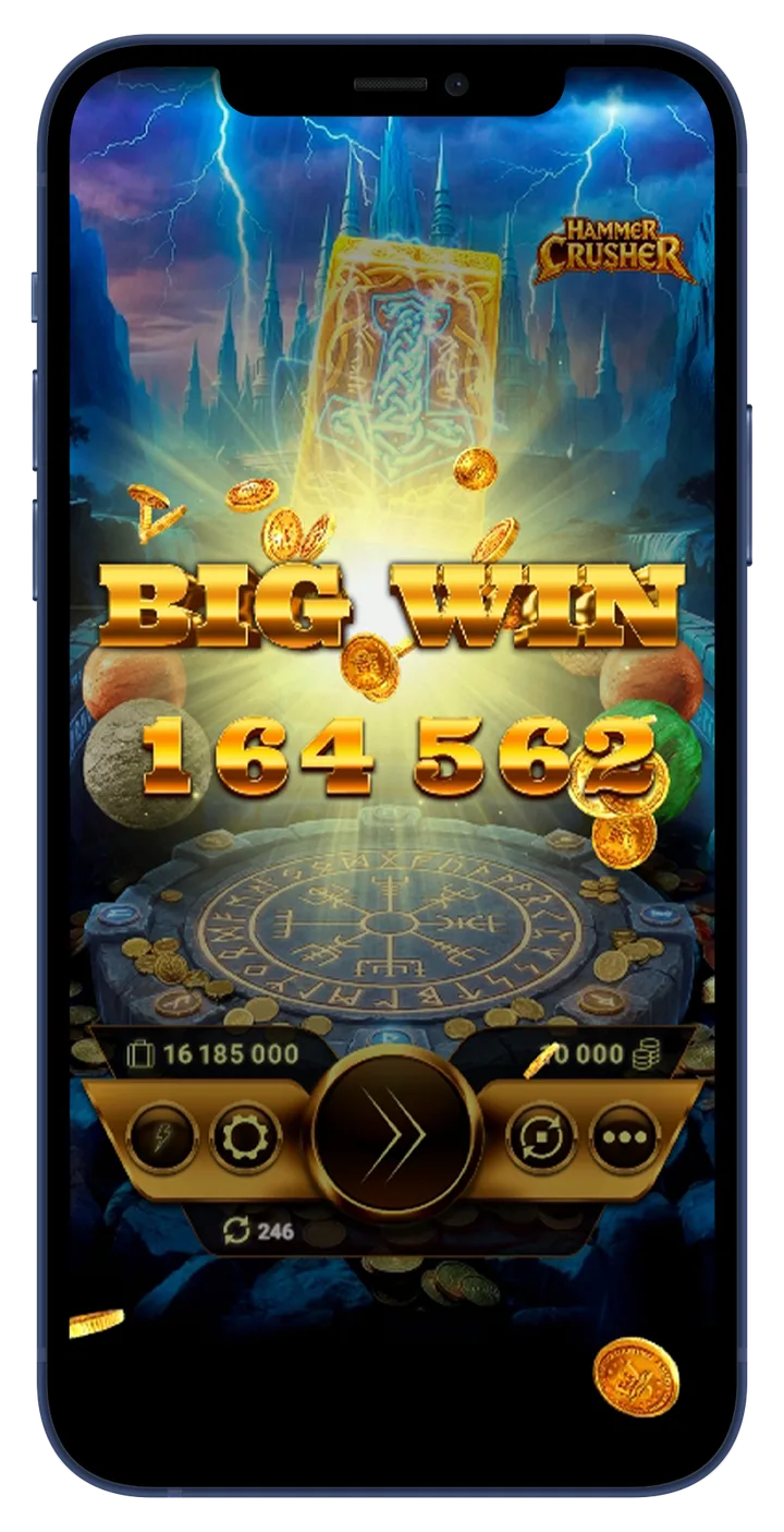 Hammer Crusher Big Win display with gold lettering and flying coins